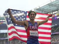 Ezra Frech of United States of America celebrates winning gold in Men's 100m - T63 Final during the Paris 2024 Paralympic Games at Stade de...