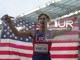 Ezra Frech of United States of America celebrates winning gold in Men's 100m - T63 Final during the Paris 2024 Paralympic Games at Stade de...