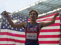 Ezra Frech of United States of America celebrates winning gold in Men's 100m - T63 Final during the Paris 2024 Paralympic Games at Stade de...