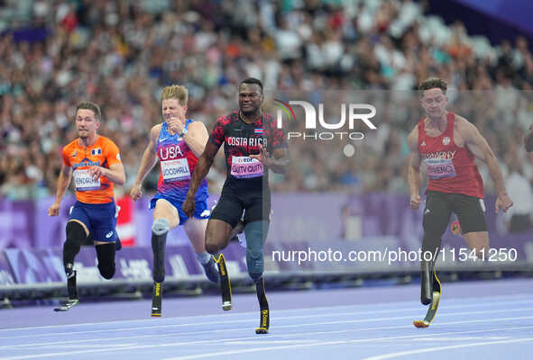 Sherman Isidro Guity Guity of Costa Rica celebrates winning gold in Men's 100m - T64 Final during the Paris 2024 Paralympic Games at Stade d...