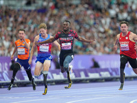 Sherman Isidro Guity Guity of Costa Rica celebrates winning gold in Men's 100m - T64 Final during the Paris 2024 Paralympic Games at Stade d...