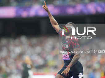 Sherman Isidro Guity Guity of Costa Rica celebrates winning gold in Men's 100m - T64 Final during the Paris 2024 Paralympic Games at Stade d...