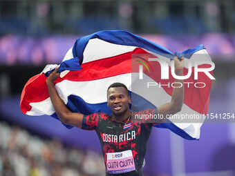 Sherman Isidro Guity Guity of Costa Rica celebrates winning gold in Men's 100m - T64 Final during the Paris 2024 Paralympic Games at Stade d...