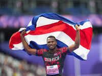 Sherman Isidro Guity Guity of Costa Rica celebrates winning gold in Men's 100m - T64 Final during the Paris 2024 Paralympic Games at Stade d...