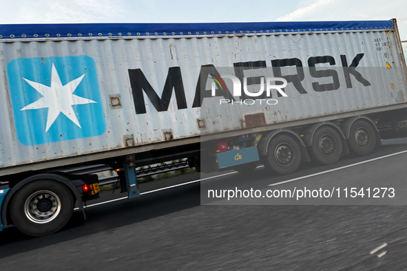 Maersk logo is seen on a truck semitrailer on the highway in Italy on September 2, 2024. 