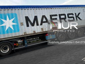 Maersk logo is seen on a truck semitrailer on the highway in Italy on September 2, 2024. (