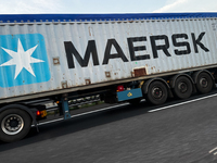 Maersk logo is seen on a truck semitrailer on the highway in Italy on September 2, 2024. (