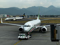 Ryanair and Aeroitalia planes are seen at the airport in Bergamo, Italy on September 2, 2024. (