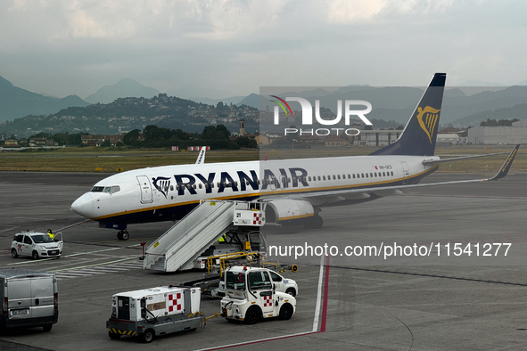 Ryanair plane is seen at the airport in Bergamo, Italy on September 2, 2024. 