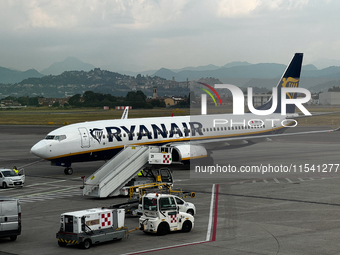 Ryanair plane is seen at the airport in Bergamo, Italy on September 2, 2024. (