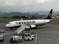 Ryanair plane is seen at the airport in Bergamo, Italy on September 2, 2024. (