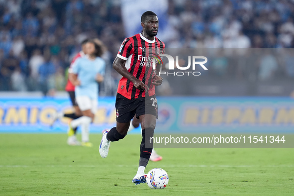 Fikayo Tomori of AC Milan during the Serie A Enilive match between SS Lazio and AC Milan at Stadio Olimpico on Aug 31, 2024 in Rome, Italy. 