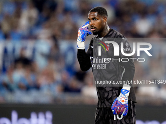 Mike Maignan of AC Milan gestures during the Serie A Enilive match between SS Lazio and AC Milan at Stadio Olimpico on Aug 31, 2024 in Rome,...