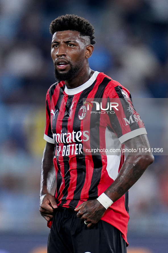 Emerson Royal of AC Milan looks on during the Serie A Enilive match between SS Lazio and AC Milan at Stadio Olimpico on Aug 31, 2024 in Rome...