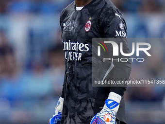 Mike Maignan of AC Milan looks on during the Serie A Enilive match between SS Lazio and AC Milan at Stadio Olimpico on Aug 31, 2024 in Rome,...