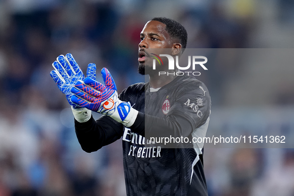 Mike Maignan of AC Milan gestures during the Serie A Enilive match between SS Lazio and AC Milan at Stadio Olimpico on Aug 31, 2024 in Rome,...