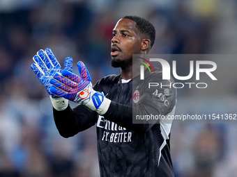 Mike Maignan of AC Milan gestures during the Serie A Enilive match between SS Lazio and AC Milan at Stadio Olimpico on Aug 31, 2024 in Rome,...