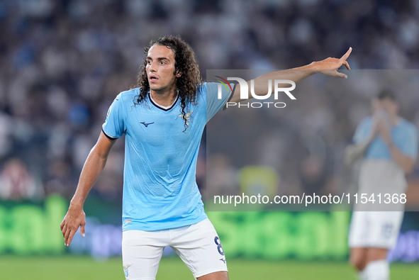 Matteo Guendouzi of SS Lazio gestures during the Serie A Enilive match between SS Lazio and AC Milan at Stadio Olimpico on Aug 31, 2024 in R...