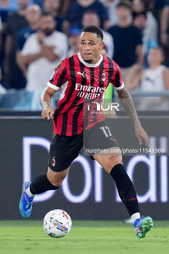 Noah Okafor of AC Milan in action during the Serie A Enilive match between SS Lazio and AC Milan at Stadio Olimpico on Aug 31, 2024 in Rome,...