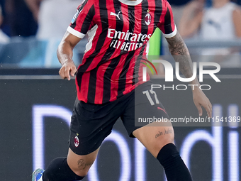 Noah Okafor of AC Milan in action during the Serie A Enilive match between SS Lazio and AC Milan at Stadio Olimpico on Aug 31, 2024 in Rome,...