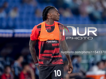 Rafael Leao of AC Milan looks on during the Serie A Enilive match between SS Lazio and AC Milan at Stadio Olimpico on Aug 31, 2024 in Rome,...