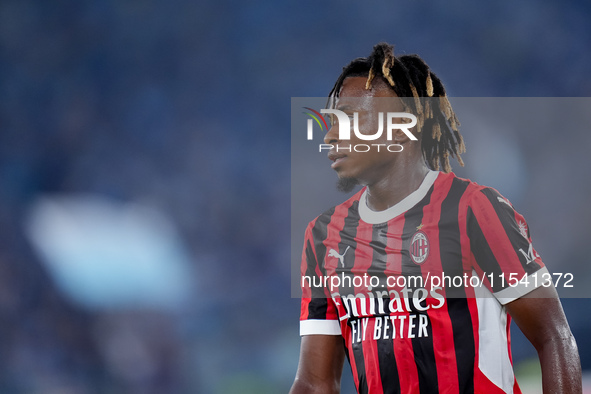 Samuel Chukwueze of AC Milan looks on during the Serie A Enilive match between SS Lazio and AC Milan at Stadio Olimpico on Aug 31, 2024 in R...