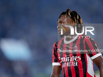 Samuel Chukwueze of AC Milan looks on during the Serie A Enilive match between SS Lazio and AC Milan at Stadio Olimpico on Aug 31, 2024 in R...