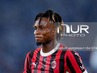 Samuel Chukwueze of AC Milan looks on during the Serie A Enilive match between SS Lazio and AC Milan at Stadio Olimpico on Aug 31, 2024 in R...