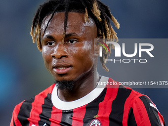 Samuel Chukwueze of AC Milan looks on during the Serie A Enilive match between SS Lazio and AC Milan at Stadio Olimpico on Aug 31, 2024 in R...