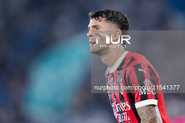 Christian Pulisic of AC Milan looks on during the Serie A Enilive match between SS Lazio and AC Milan at Stadio Olimpico on Aug 31, 2024 in...