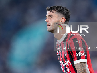 Christian Pulisic of AC Milan looks on during the Serie A Enilive match between SS Lazio and AC Milan at Stadio Olimpico on Aug 31, 2024 in...