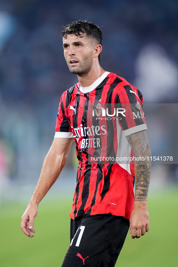 Christian Pulisic of AC Milan looks on during the Serie A Enilive match between SS Lazio and AC Milan at Stadio Olimpico on Aug 31, 2024 in...