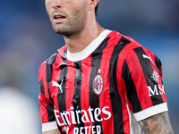 Christian Pulisic of AC Milan looks on during the Serie A Enilive match between SS Lazio and AC Milan at Stadio Olimpico on Aug 31, 2024 in...