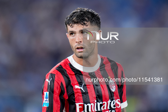 Christian Pulisic of AC Milan looks on during the Serie A Enilive match between SS Lazio and AC Milan at Stadio Olimpico on Aug 31, 2024 in...