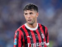 Christian Pulisic of AC Milan looks on during the Serie A Enilive match between SS Lazio and AC Milan at Stadio Olimpico on Aug 31, 2024 in...