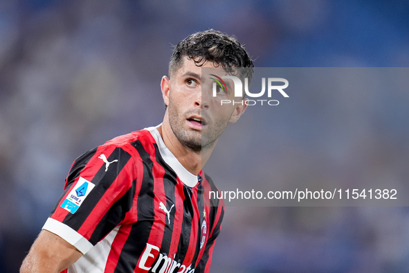 Christian Pulisic of AC Milan looks on during the Serie A Enilive match between SS Lazio and AC Milan at Stadio Olimpico on Aug 31, 2024 in...