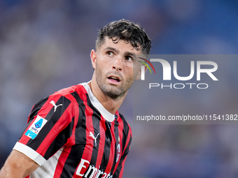 Christian Pulisic of AC Milan looks on during the Serie A Enilive match between SS Lazio and AC Milan at Stadio Olimpico on Aug 31, 2024 in...