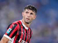 Christian Pulisic of AC Milan looks on during the Serie A Enilive match between SS Lazio and AC Milan at Stadio Olimpico on Aug 31, 2024 in...