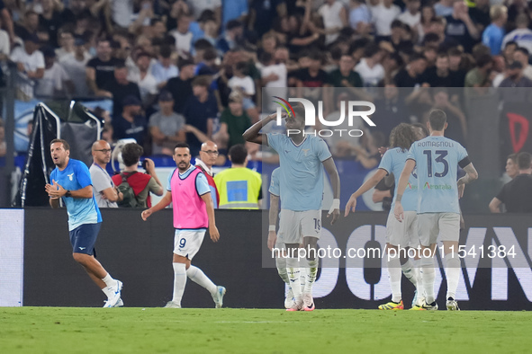 Boulaye Dia of SS Lazio celebrates after scoring second goal during the Serie A Enilive match between SS Lazio and AC Milan at Stadio Olimpi...