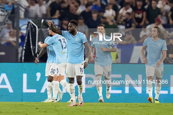 Boulaye Dia of SS Lazio celebrates after scoring second goal during the Serie A Enilive match between SS Lazio and AC Milan at Stadio Olimpi...