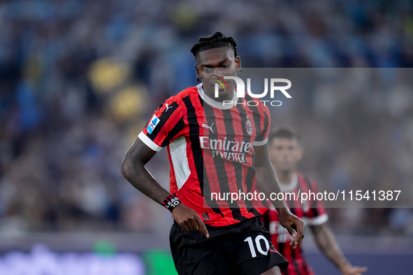 Rafael Leao of AC Milan celebrates after scoring second goal during the Serie A Enilive match between SS Lazio and AC Milan at Stadio Olimpi...