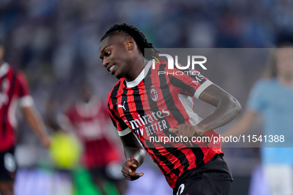 Rafael Leao of AC Milan celebrates after scoring second goal during the Serie A Enilive match between SS Lazio and AC Milan at Stadio Olimpi...