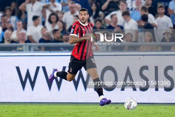 Theo Hernandez of AC Milan during the Serie A Enilive match between SS Lazio and AC Milan at Stadio Olimpico on Aug 31, 2024 in Rome, Italy....