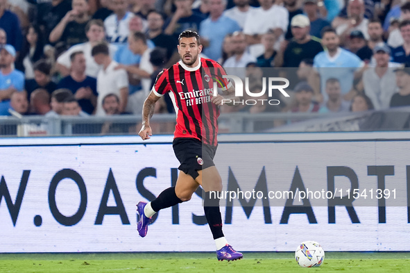 Theo Hernandez of AC Milan during the Serie A Enilive match between SS Lazio and AC Milan at Stadio Olimpico on Aug 31, 2024 in Rome, Italy....