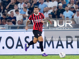 Theo Hernandez of AC Milan during the Serie A Enilive match between SS Lazio and AC Milan at Stadio Olimpico on Aug 31, 2024 in Rome, Italy....