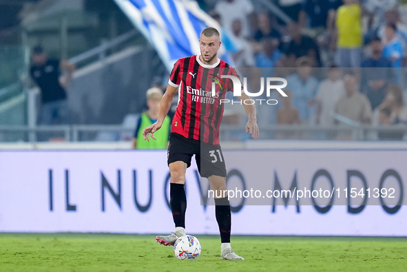 Strahinja Pavlovic of AC Milan during the Serie A Enilive match between SS Lazio and AC Milan at Stadio Olimpico on Aug 31, 2024 in Rome, It...