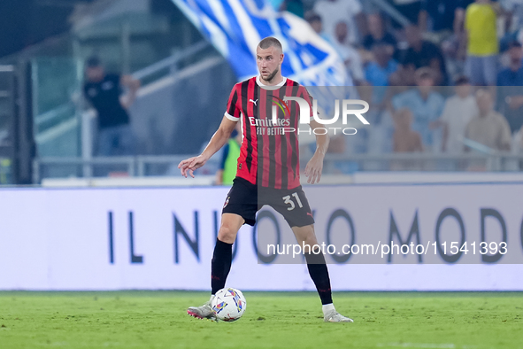 Strahinja Pavlovic of AC Milan during the Serie A Enilive match between SS Lazio and AC Milan at Stadio Olimpico on Aug 31, 2024 in Rome, It...