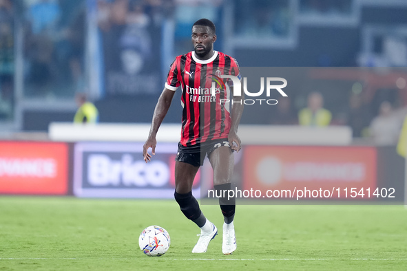 Fikayo Tomori of AC Milan during the Serie A Enilive match between SS Lazio and AC Milan at Stadio Olimpico on Aug 31, 2024 in Rome, Italy. 