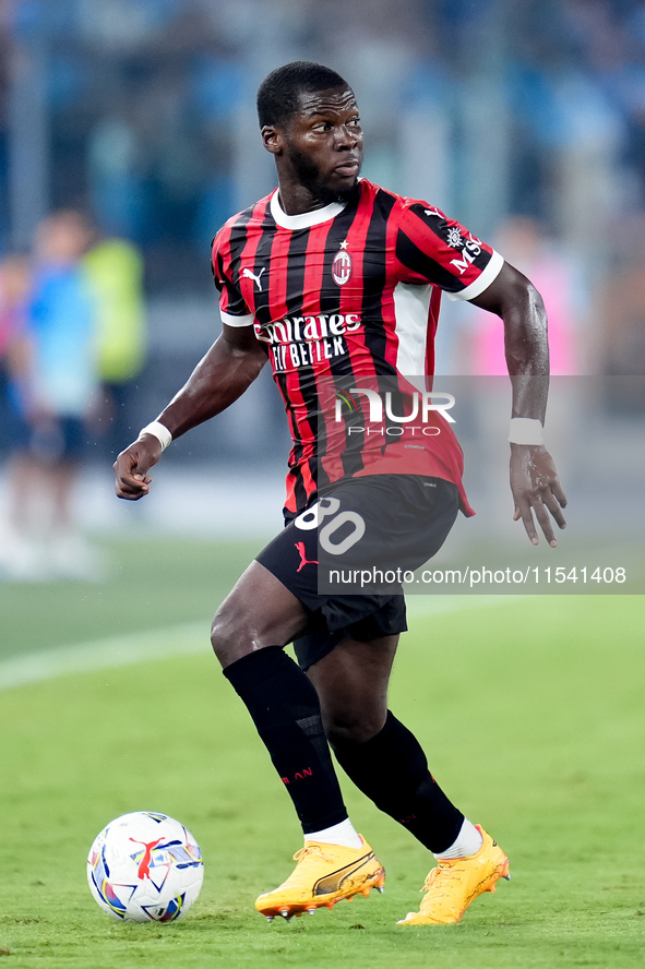 Yunus Musah of AC Milan during the Serie A Enilive match between SS Lazio and AC Milan at Stadio Olimpico on Aug 31, 2024 in Rome, Italy. 