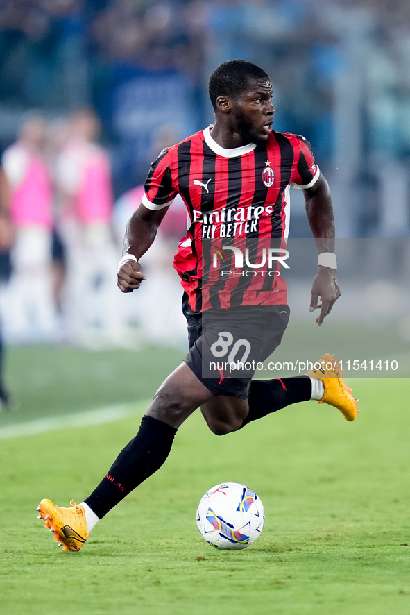 Yunus Musah of AC Milan during the Serie A Enilive match between SS Lazio and AC Milan at Stadio Olimpico on Aug 31, 2024 in Rome, Italy. 